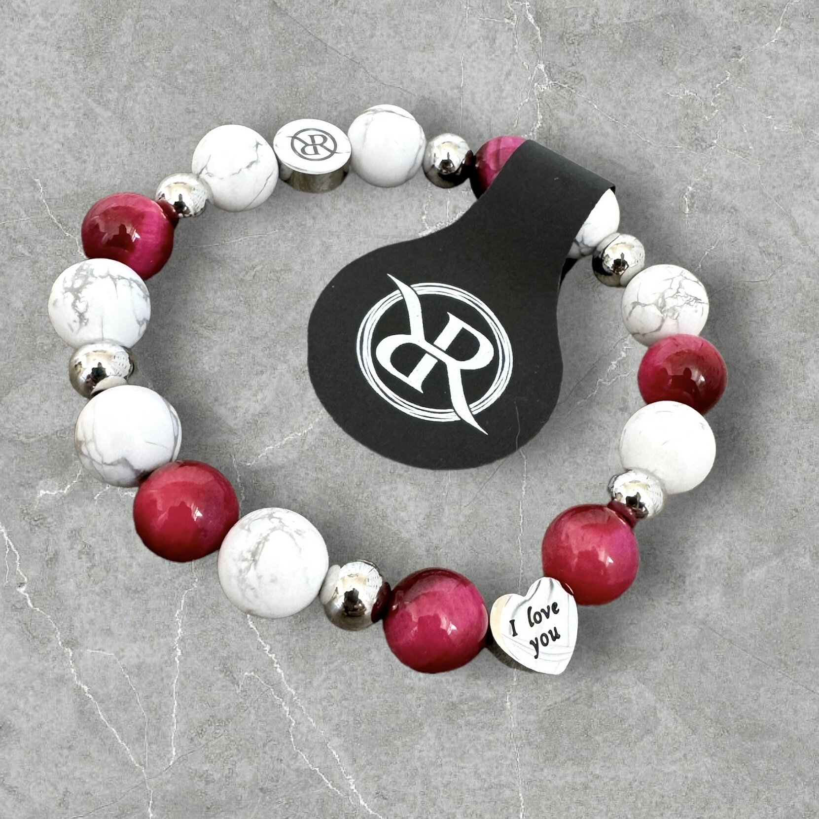 Bracelet made of natural stones with heart with engraving I love you