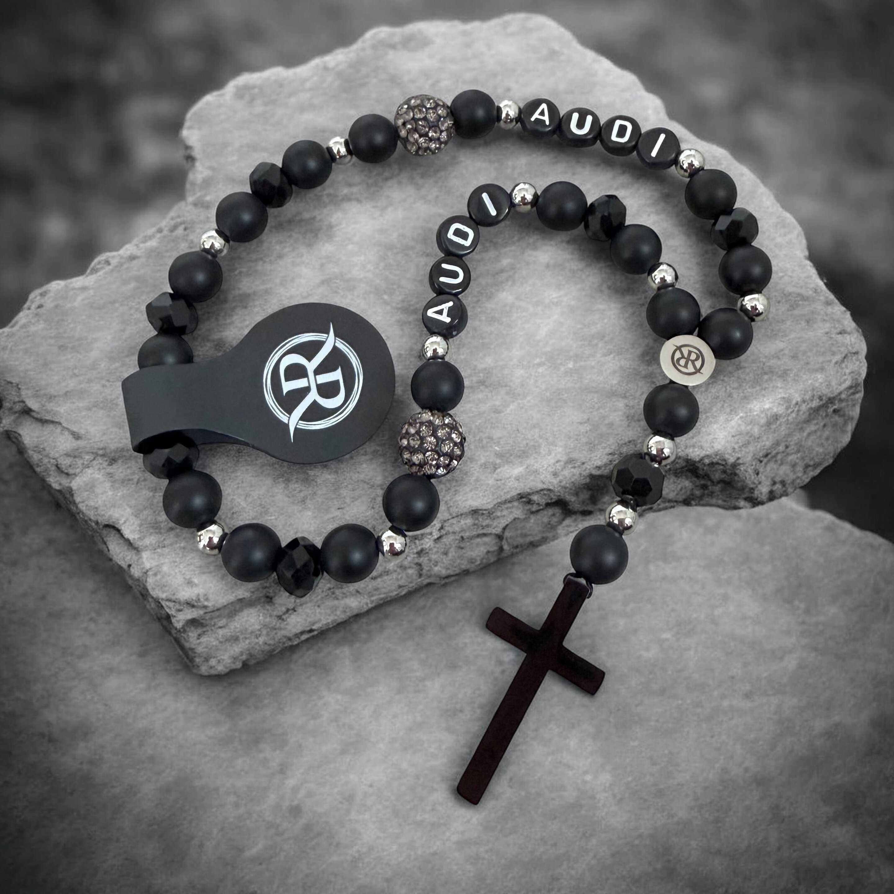 Car mirror rosary made of natural stones with Audi text