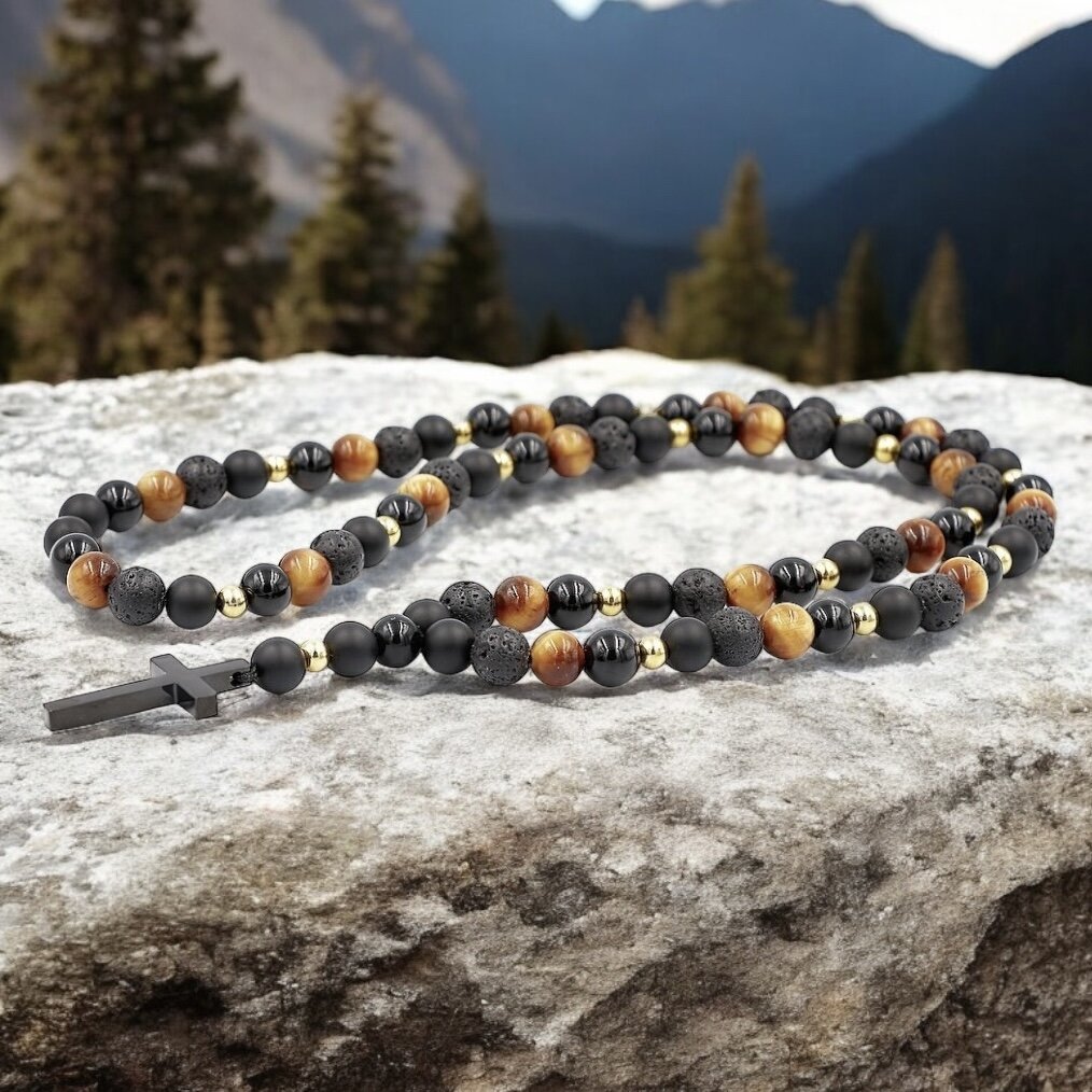 Necklace made of natural stones black glossy and matt onyx, brown tiger eye, lava stones