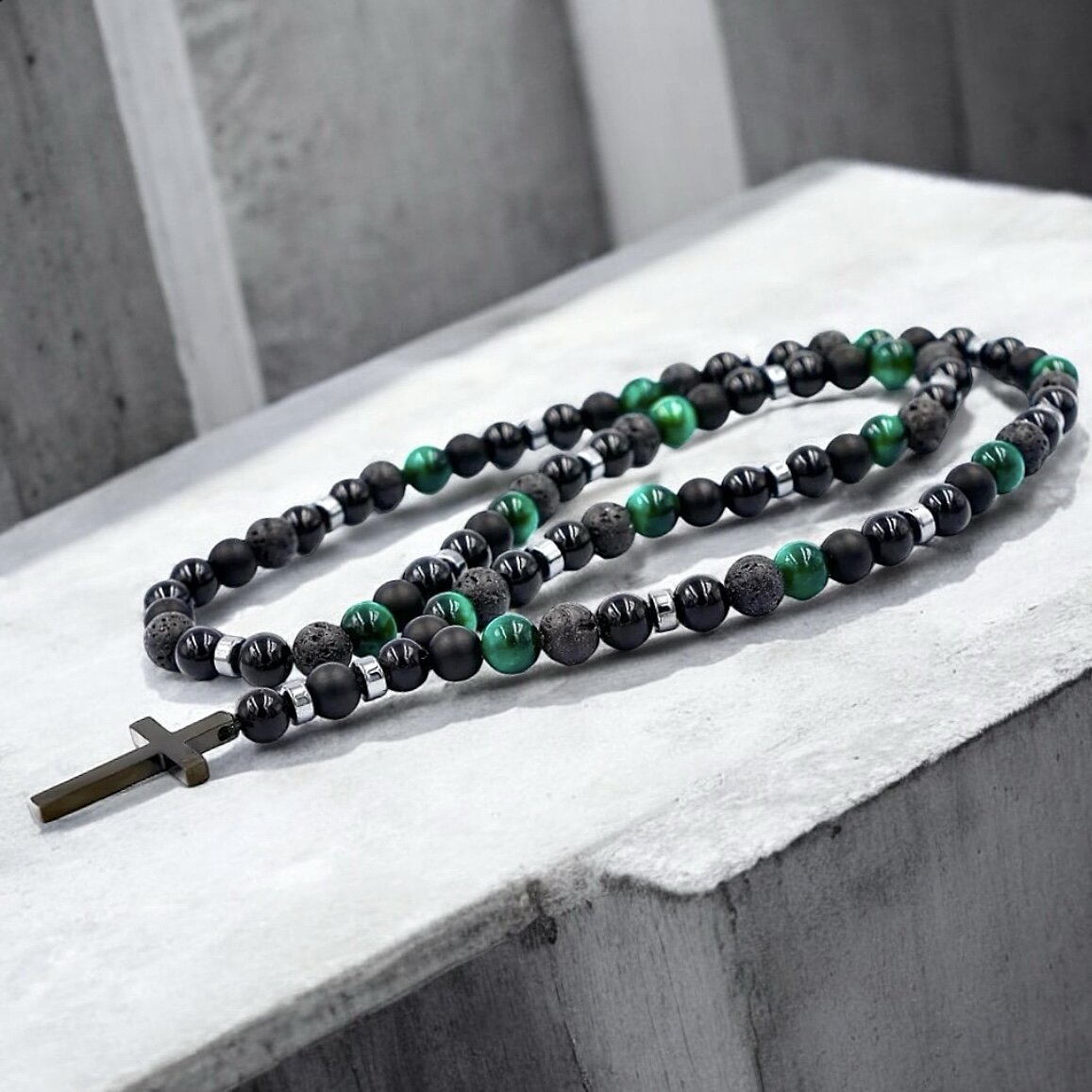 Necklace made of natural stones black glossy and matt onyx, green tiger's eye, lava stones and hematite