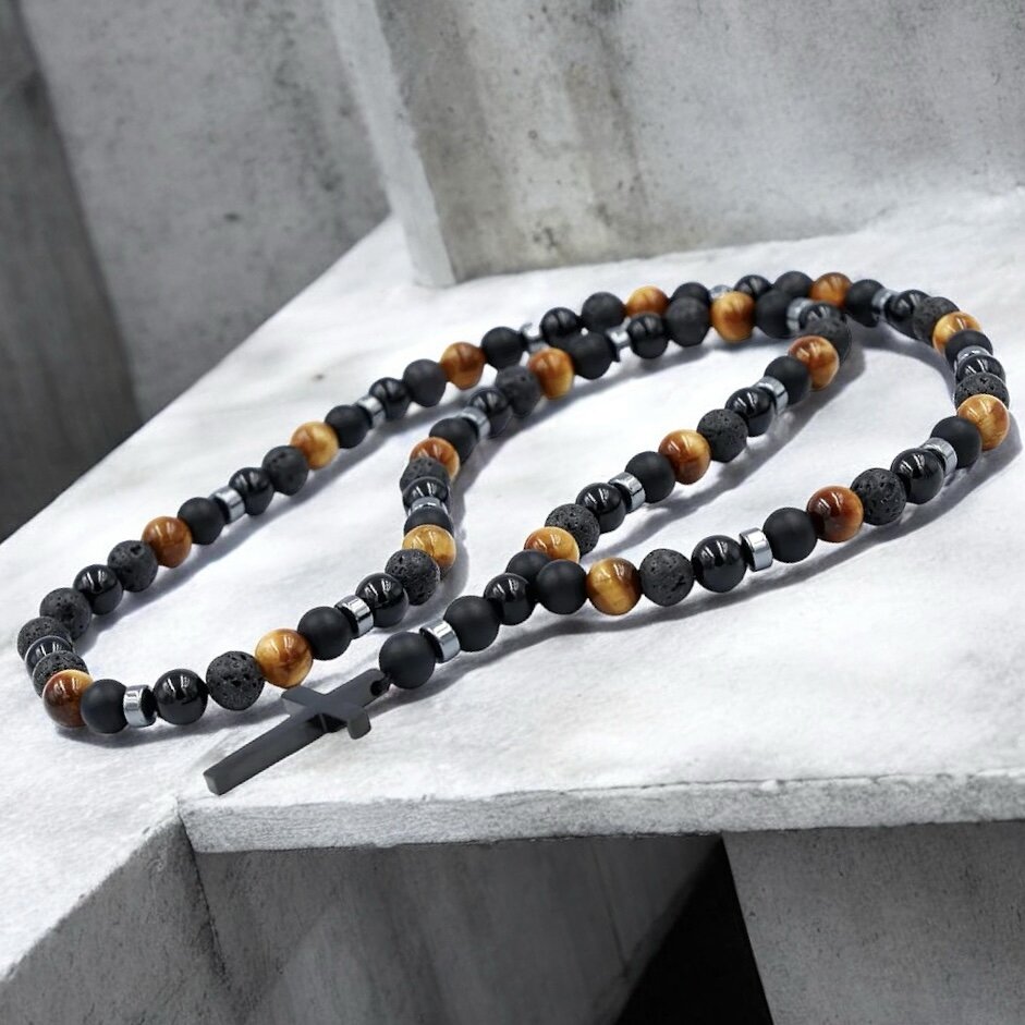 Necklace made of natural stones onyx, tiger's eye, lava stones and silver hematite