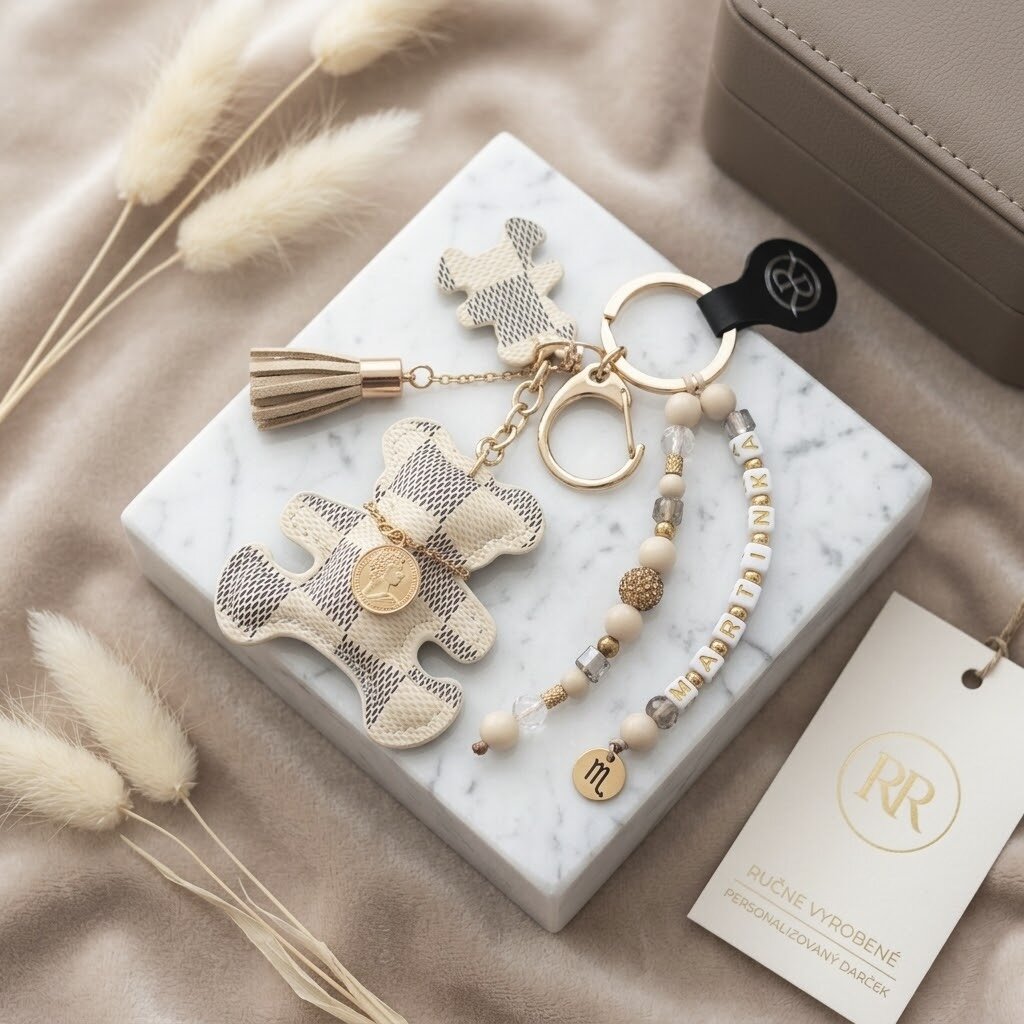 Personalised keyring featuring a teddy bear, with a name of your choice, made from natural stones