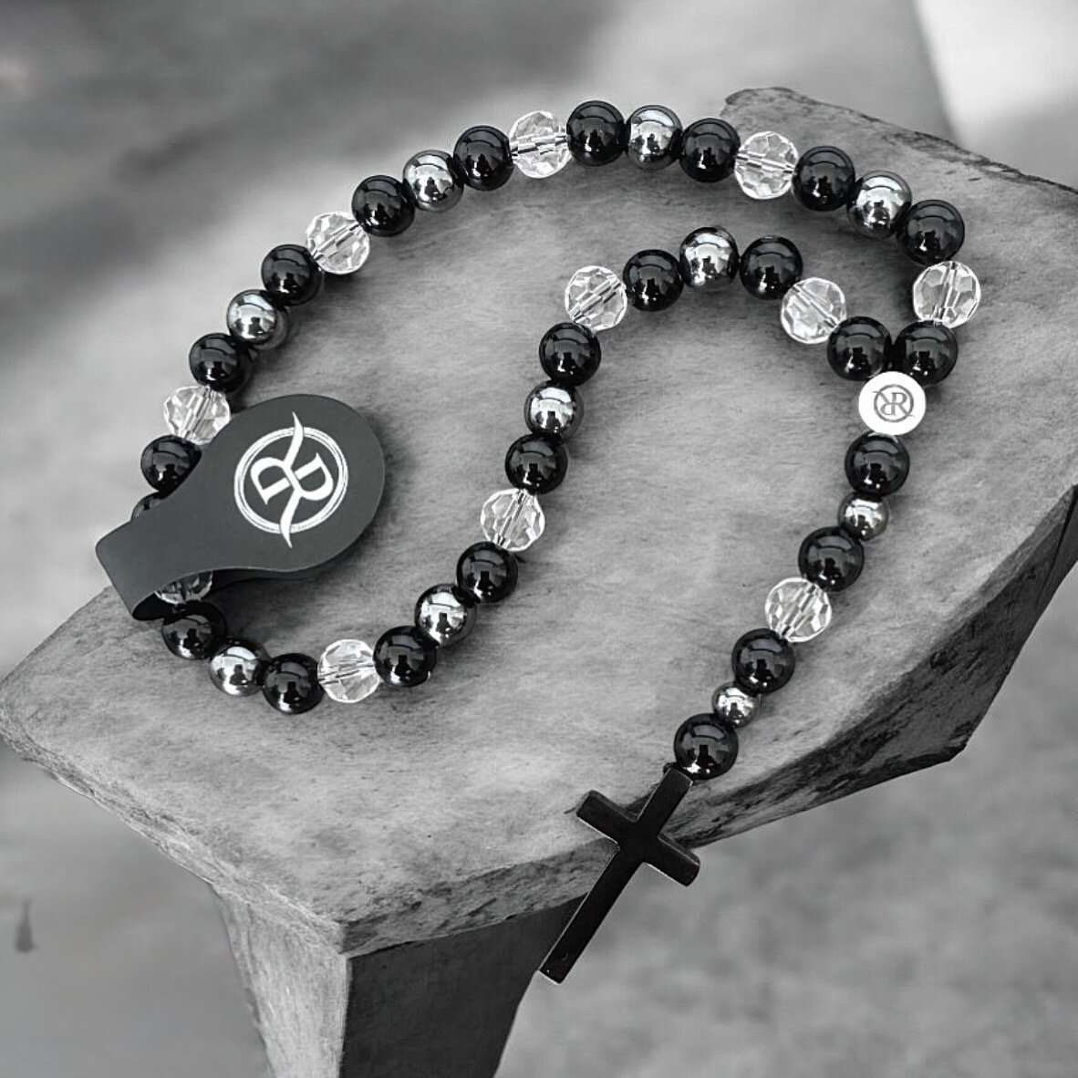 Protective rosary with onyx, hematite and crystal