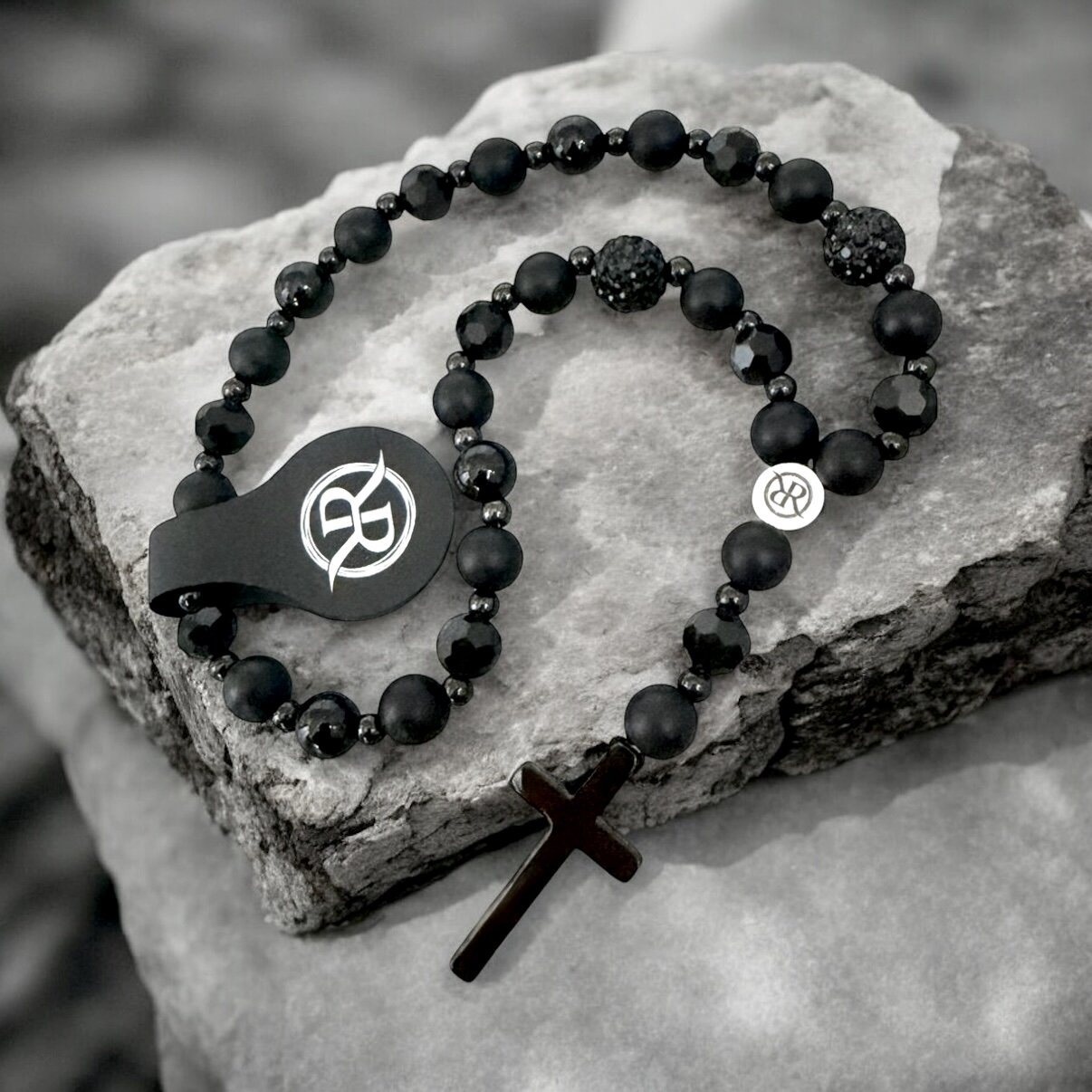 Protective rosary with onyx, hematite and crystal