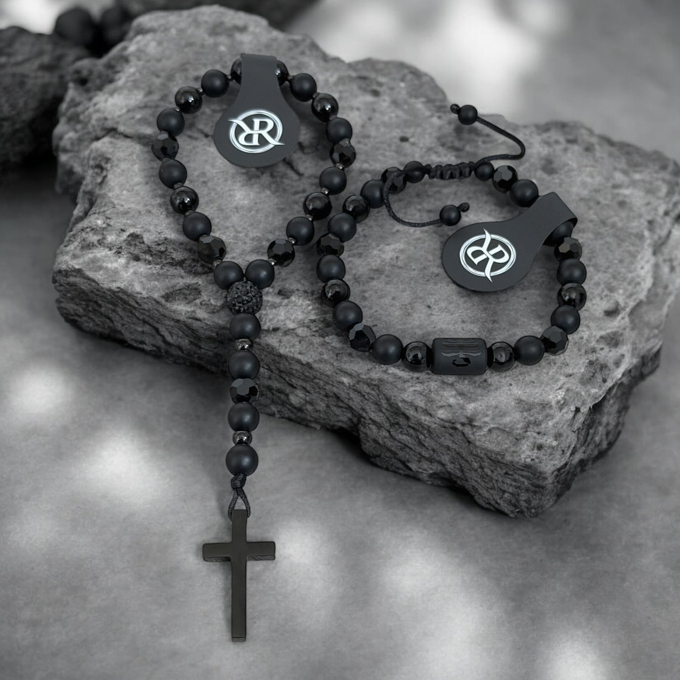 Protective rosary with onyx, hematite and crystal