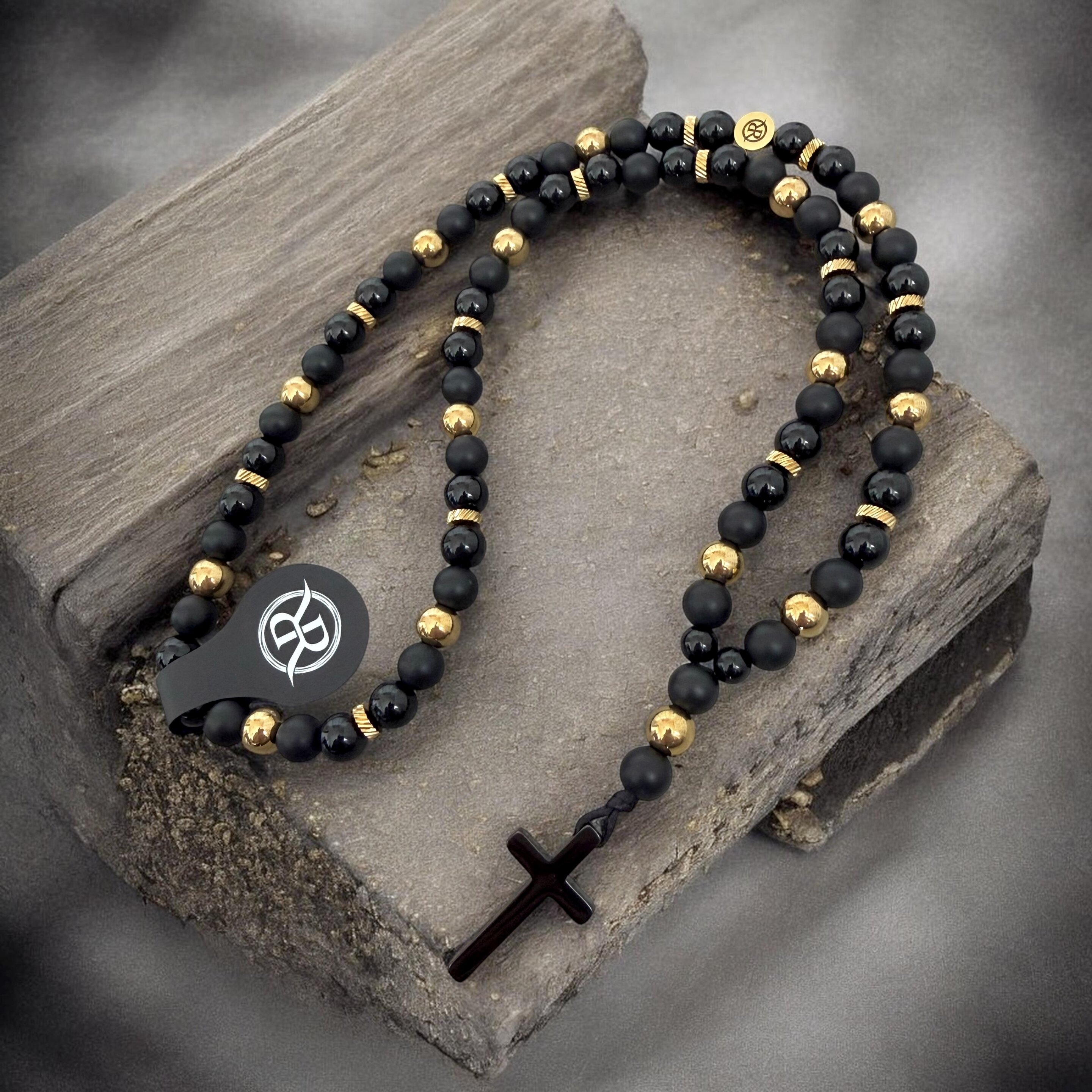 Samurai necklace made from natural onyx stones with a black cross