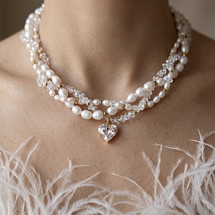 The “Pure love of pearls” necklace, made from river pearls and clear cut stones, with a heart-shaped pendant