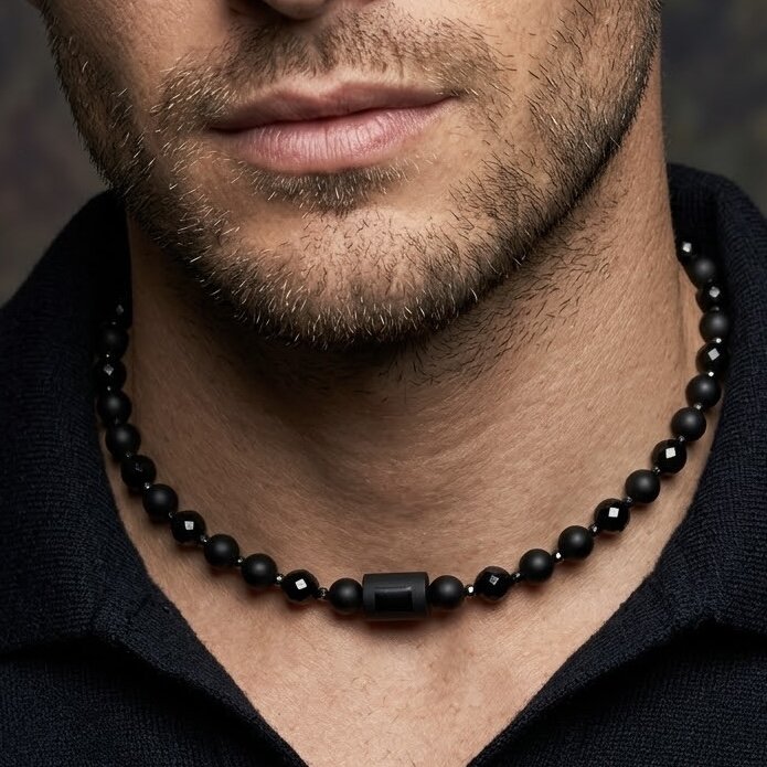 “Zodiac” necklace with a clasp, made from natural stones – glossy and matt onyx and lava stones